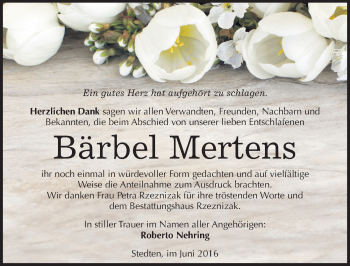 Traueranzeige von Bärbel Mertens von Mitteldeutsche Zeitung Mansfelder Land