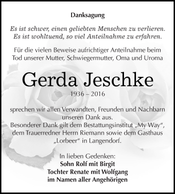 Traueranzeige von Gerda Jeschke von WVG - Wochenspiegel NMB / WSF / ZTZ