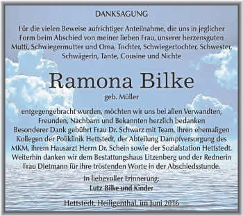 Traueranzeige von Ramona Bilke von Wochenspiegel Mansfelder Land