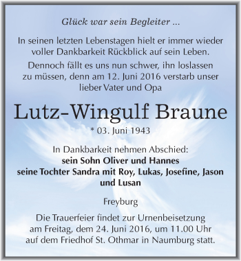 Traueranzeige von Lutz-Wingulf Braune von Mitteldeutsche Zeitung Naumburg/Nebra