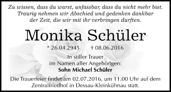 Traueranzeige von Monika Schüler von Mitteldeutsche Zeitung Dessau-Roßlau