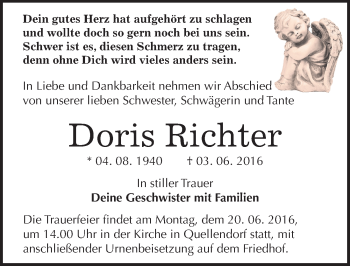Traueranzeige von Doris Richter von Mitteldeutsche Zeitung Köthen
