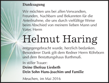 Traueranzeige von Helmut Haring von Mitteldeutsche Zeitung Weißenfels