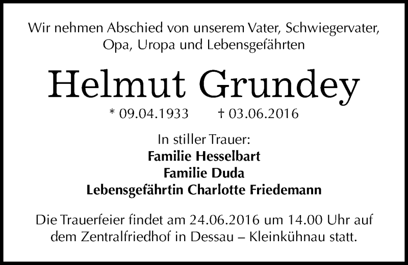  Traueranzeige für Helmut Grundey vom 15.06.2016 aus Mitteldeutsche Zeitung Dessau-Roßlau