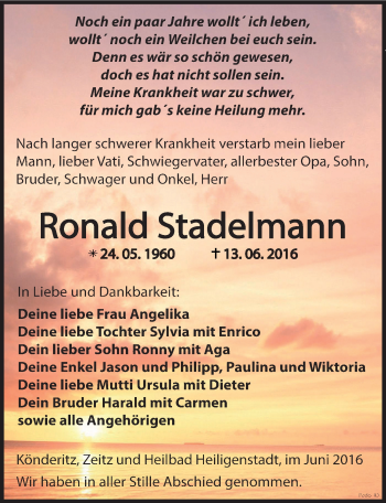 Traueranzeige von Ronald Stadelmann von Mitteldeutsche Zeitung Zeitz