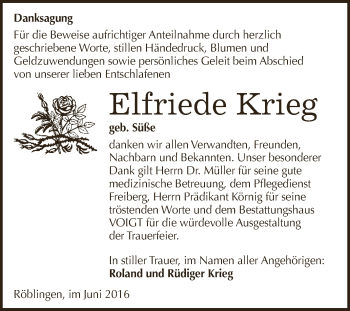 Traueranzeige von Elfriede Krieg von Super Sonntag SGH Mansf. Land