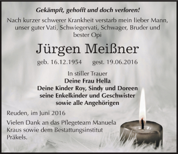Traueranzeige von Jürgen Meißner von Mitteldeutsche Zeitung Zeitz