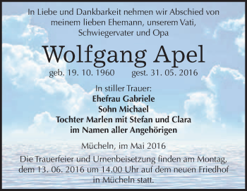 Traueranzeige von Wolfgang Apel von WVG - Wochenspiegel Merseburg