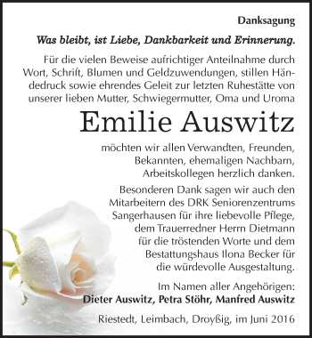 Traueranzeige von Emilie Auswitz von Mitteldeutsche Zeitung Sangerhausen