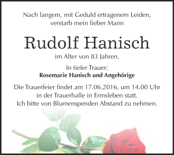 Traueranzeige von Rudolf Hanisch von WVG - Wochenspiegel Bitterfeld
