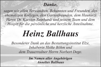 Traueranzeige von Heinz Ballhaus von WVG - Wochenspiegel Dessau / Köthen