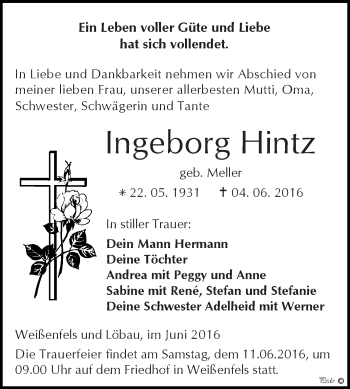 Traueranzeige von Ingeborg Hintz von WVG - Wochenspiegel NMB / WSF / ZTZ