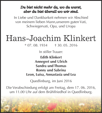 Traueranzeige von Hans-Joachim Klinkert von Super Sonntag Quedlinburg