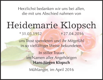 Traueranzeige von Heidemarie Klopsch von WVG - Wochenspiegel Wittenberg