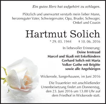 Traueranzeige von Hartmut Solich von Mitteldeutsche Zeitung Sangerhausen