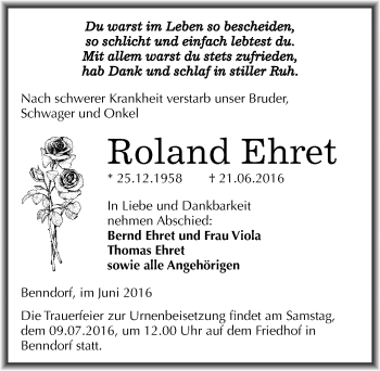 Traueranzeige von Roland Ehret von Mitteldeutsche Zeitung Mansfelder Land