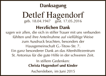 Traueranzeige von Detlef Hagendorf von Super Sonntag Aschersleben