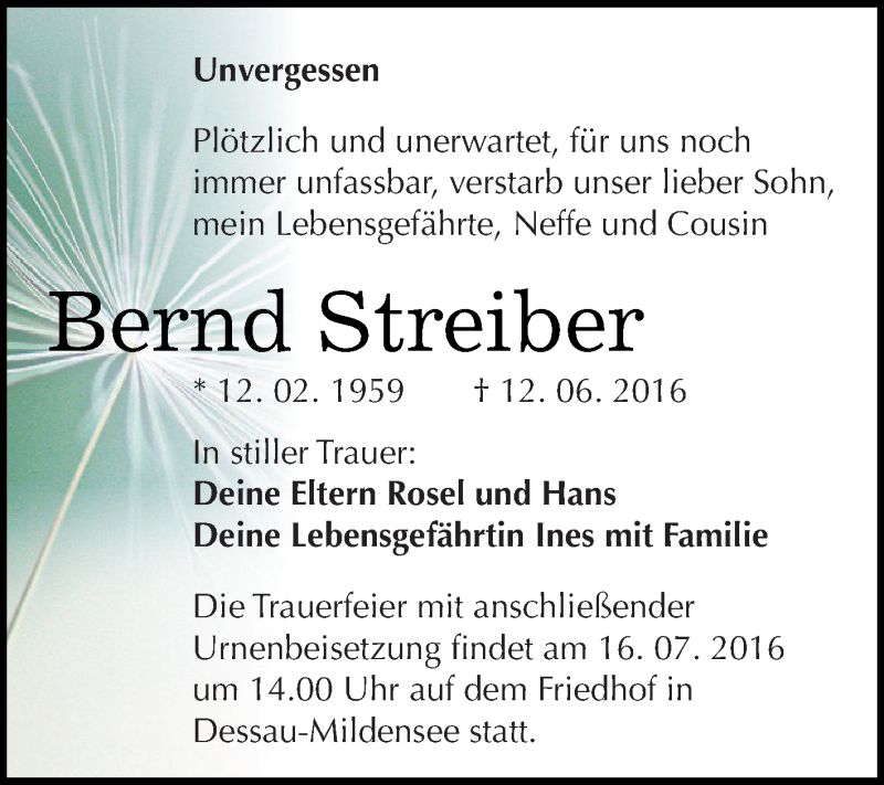  Traueranzeige für Bernd Streiber vom 25.06.2016 aus WVG - Wochenspiegel Dessau / Köthen