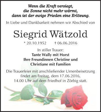 Traueranzeige von Siegrid Wätzold von WVG - Wochenspiegel Bitterfeld