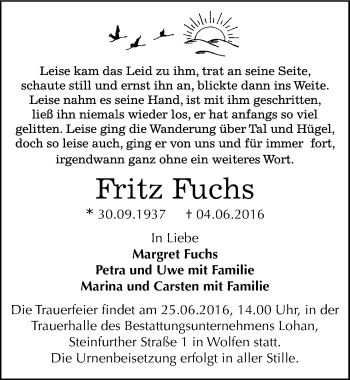 Traueranzeige von Fritz Fuchs von Mitteldeutsche Zeitung Bitterfeld