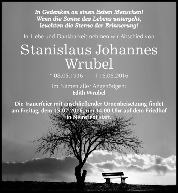 Traueranzeige von Stanislaus Johannes Wrubel von Mitteldeutsche Zeitung Quedlinburg