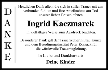 Traueranzeige von Ingrid Kaczmarek von Mitteldeutsche Zeitung Dessau-Roßlau