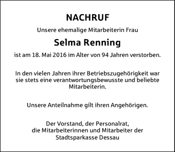 Traueranzeige von Selma Renning von Mitteldeutsche Zeitung Dessau-Roßlau