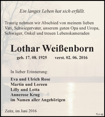 Traueranzeige von Lothar Weißenborn von Super Sonntag Zeitz