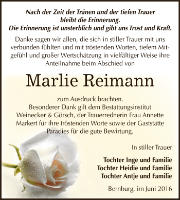 Traueranzeige von Marlie Reimann von Super Sonntag Bernburg