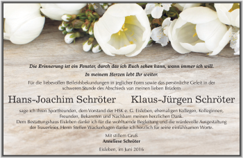 Traueranzeige von Hans-Joachim und Klaus-Jürgen Schröter von Wochenspiegel Mansfelder Land