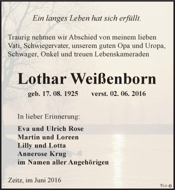 Traueranzeige von Lothar Weißenborn von Mitteldeutsche Zeitung Zeitz
