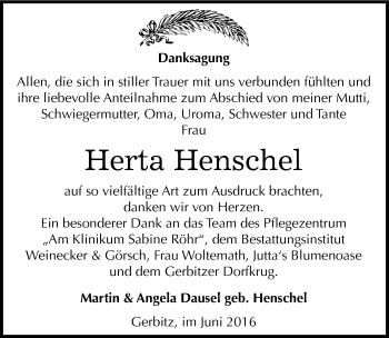 Traueranzeige von Herta Henschel von Mitteldeutsche Zeitung Bernburg