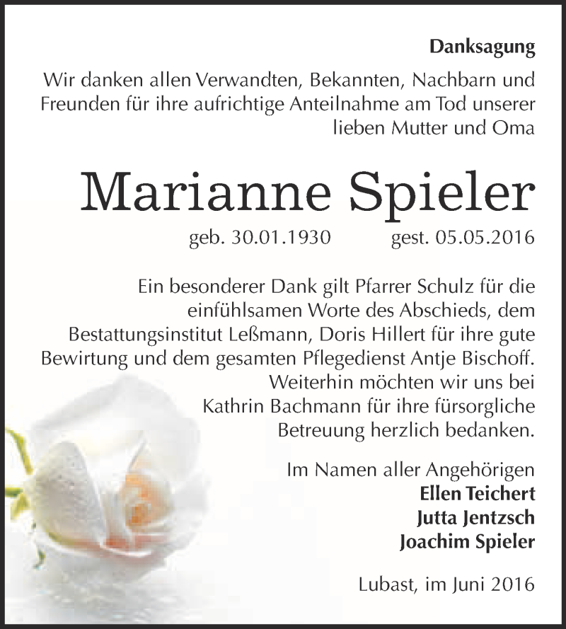  Traueranzeige für Marianne Spieler vom 25.06.2016 aus WVG - Wochenspiegel Wittenberg