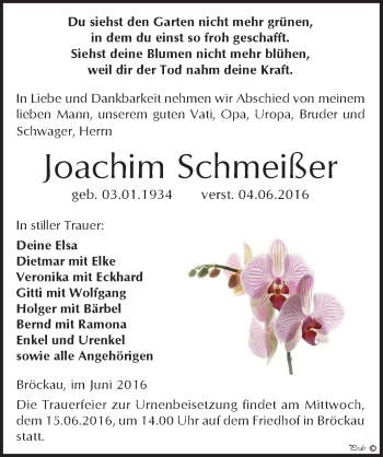 Traueranzeige von Joachim Schmeißer von Mitteldeutsche Zeitung Zeitz
