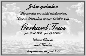Traueranzeige von Gerhard Tews von Mitteldeutsche Zeitung Sangerhausen
