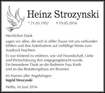 Traueranzeige von Heinz Strozynski von Super Sonntag SGH Mansf. Land