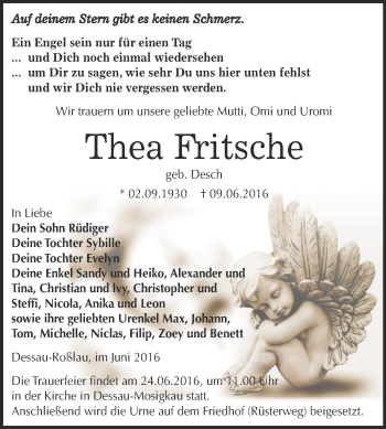 Traueranzeige von Thea Fritsche von WVG - Wochenspiegel Dessau / Köthen