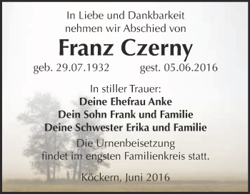 Traueranzeige von Franz Czerny von WVG - Wochenspiegel Bitterfeld