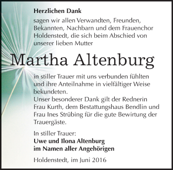 Traueranzeige von Martha Altenburg von Mitteldeutsche Zeitung Sangerhausen