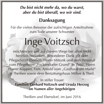 Traueranzeige von Inge Voitzsch von Super Sonntag Zeitz