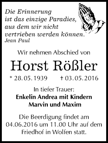 Traueranzeige von Horst Rößler von Mitteldeutsche Zeitung Bitterfeld