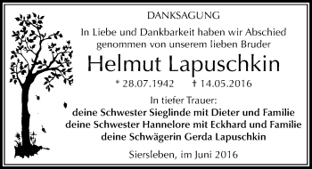 Traueranzeige von Helmut Lapuschkin von Mitteldeutsche Zeitung Mansfelder Land
