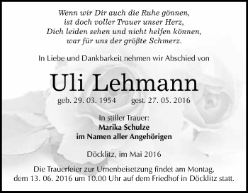 Traueranzeige von Uli Lehmann von WVG - Wochenspiegel Merseburg