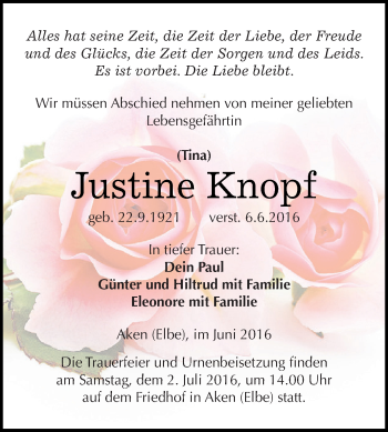 Traueranzeige von Justine Knopf von WVG - Wochenspiegel Dessau / Köthen