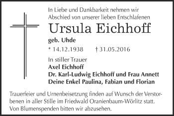 Traueranzeige von Ursula Eichhoff von WVG - Wochenspiegel Bitterfeld