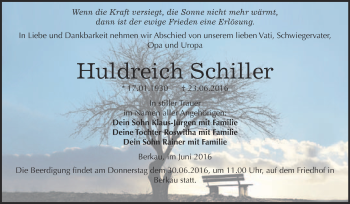 Traueranzeige von Huldreich Schiller von WVG - Wochenspiegel Wittenberg