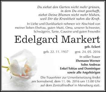 Traueranzeige von Edelgard Markert von Mitteldeutsche Zeitung Merseburg/Querfurt