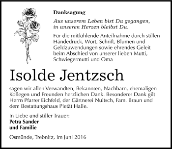 Traueranzeige von Isolde Jentzsch von Mitteldeutsche Zeitung Merseburg/Querfurt