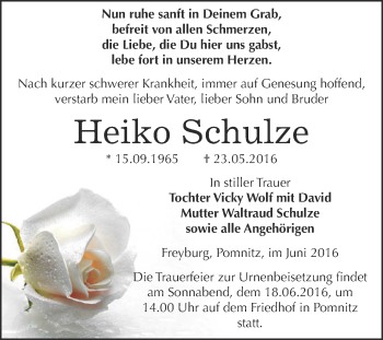 Traueranzeige von Heiko Schulze von WVG - Wochenspiegel NMB / WSF / ZTZ