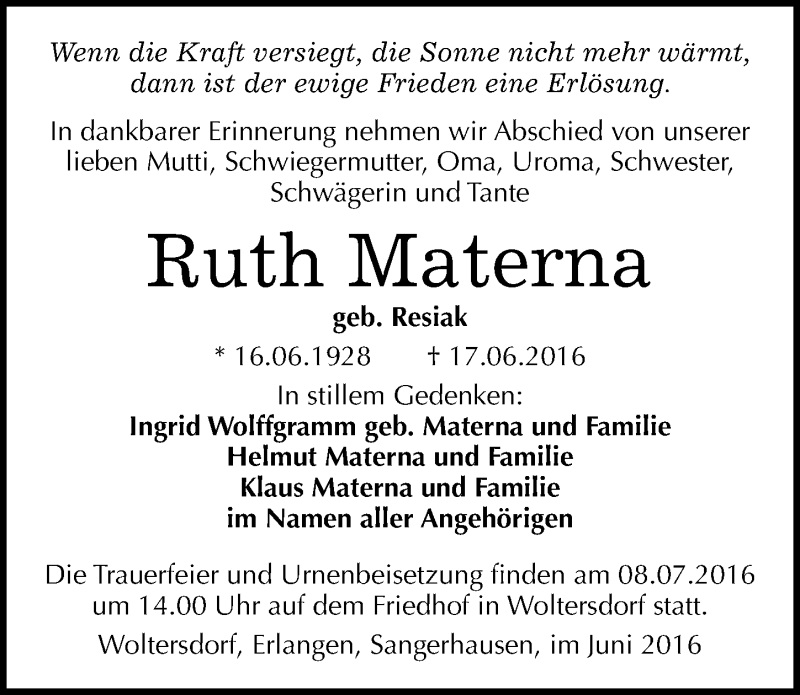  Traueranzeige für Ruth Materna vom 29.06.2016 aus Mitteldeutsche Zeitung Sangerhausen